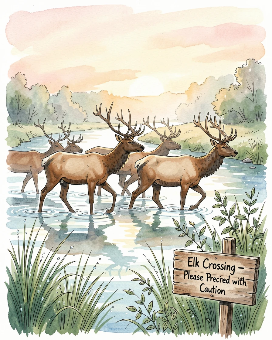 A herd of elk crossing a shallow river at sunrise, morning dew still clinging to the grass and leaves nearby.