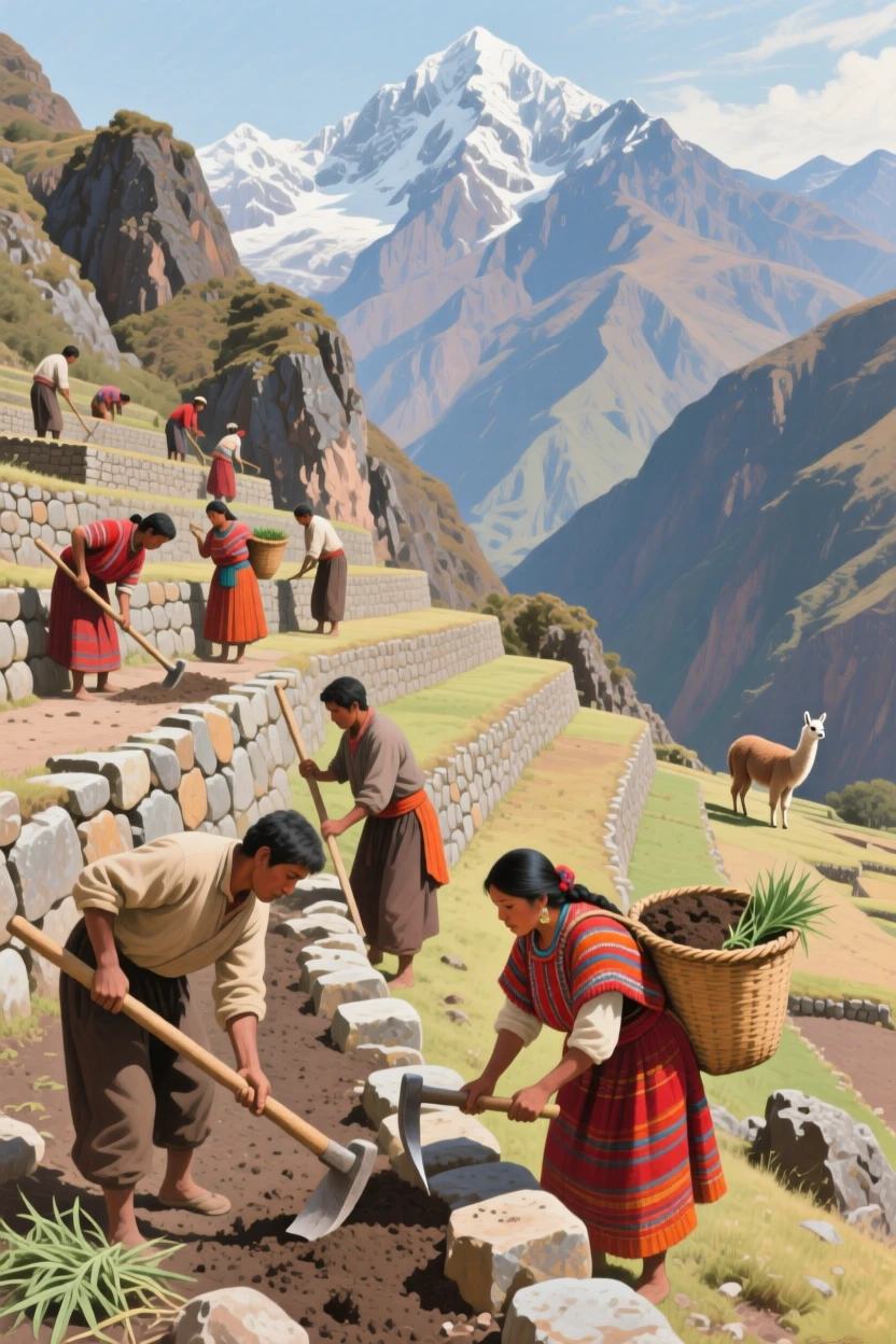 Inca villagers terracing a mountainside for agriculture beneath towering peaks, capturing the customs and craftsmanship unique to the era, offering a vivid window into a fascinating moment of human history