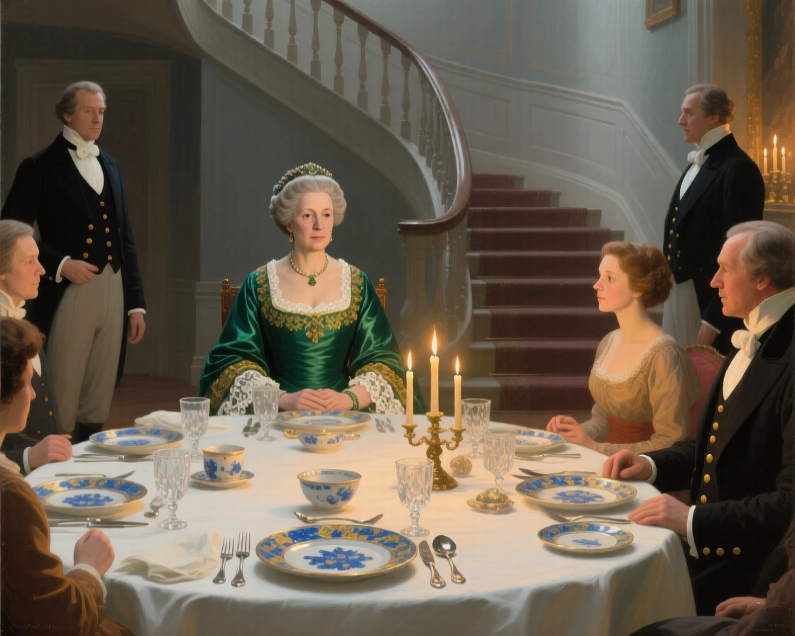 A dowager duchess presiding over an elegant dinner table during a rare and cherished family gathering, set on the sweeping staircase of a grand estate, with liveried servants moving quietly among the guests; warm candlelight pools around the principal figures against a cooler backdrop, evoking refinement, tradition, and quiet opulence.