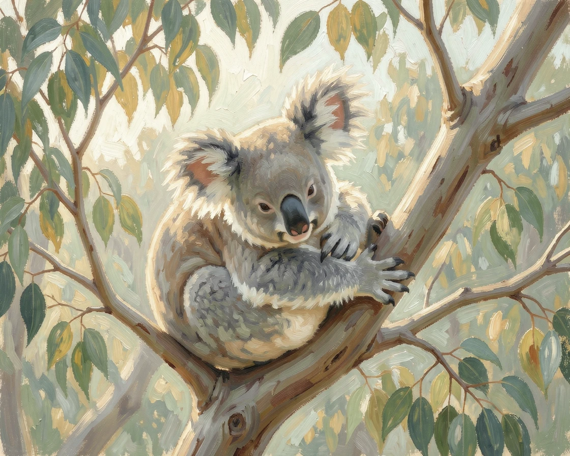 A koala resting among eucalyptus branches, soft morning light filtering through the leaves.