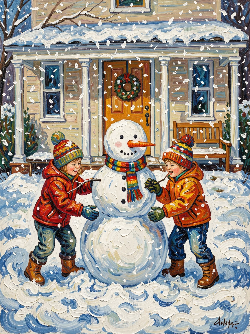 Children building a snowman together in a front yard as snow continues to fall.