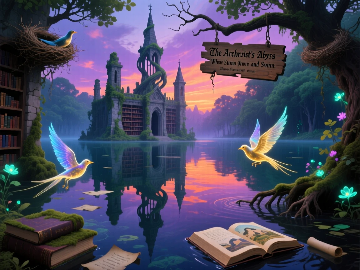 A forgotten library sunk quietly beneath a still, clear lake rests peacefully, reclaimed slowly by the surrounding forest, while birds nest peacefully among its crumbling towers.