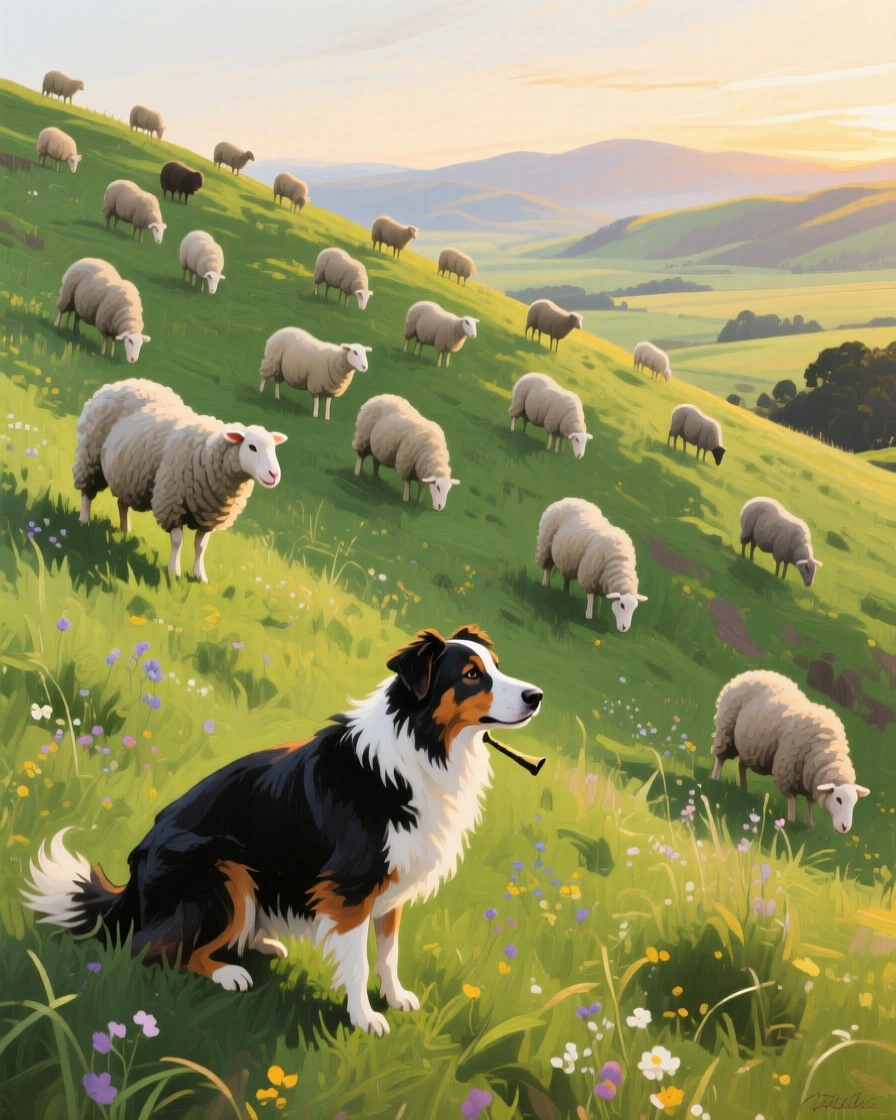 A flock of sheep grazes on a steep green hillside in New Zealand, a sheepdog crouched nearby watching for the shepherd's whistle, the scene suggesting a fleeting, candid moment rather than a posed encounter.