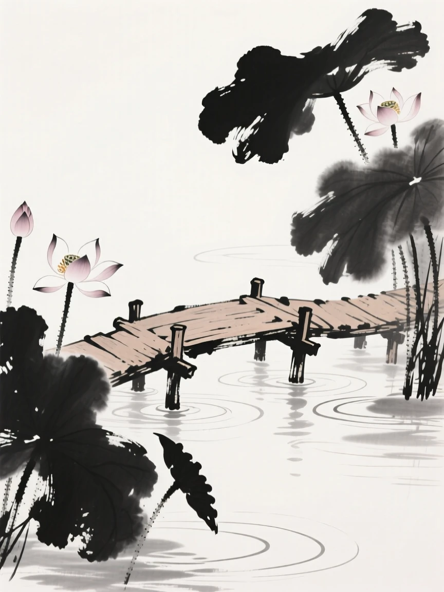 Lotus flowers bloom around a small wooden footbridge, as ripples spread slowly across the still water.