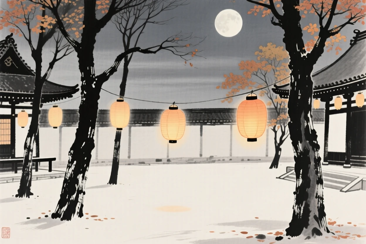 An autumn moon festival with lanterns strung between trees within a quiet temple courtyard, composed with warm lantern light glowing against a cool evening, capturing the quiet magic of a changing season.