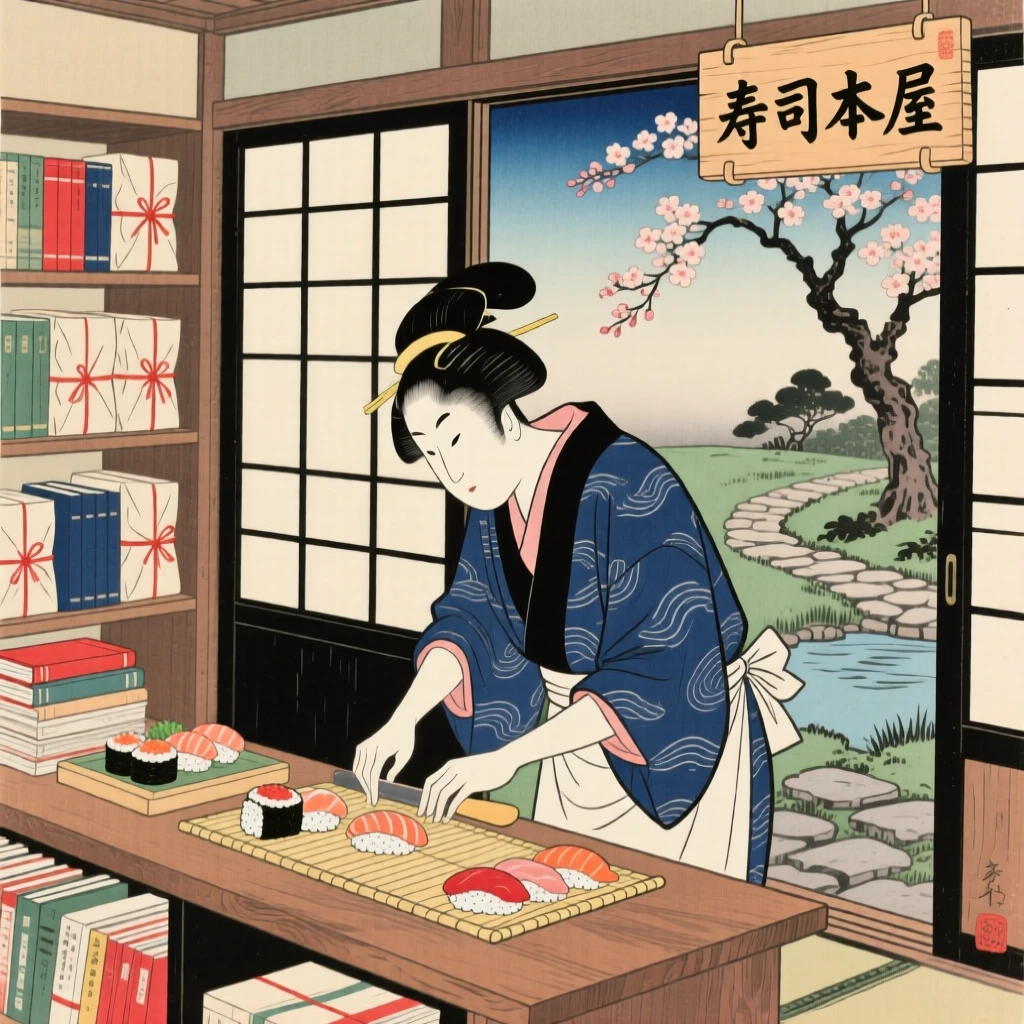 A bookseller preparing sushi with precise movements behind a counter.