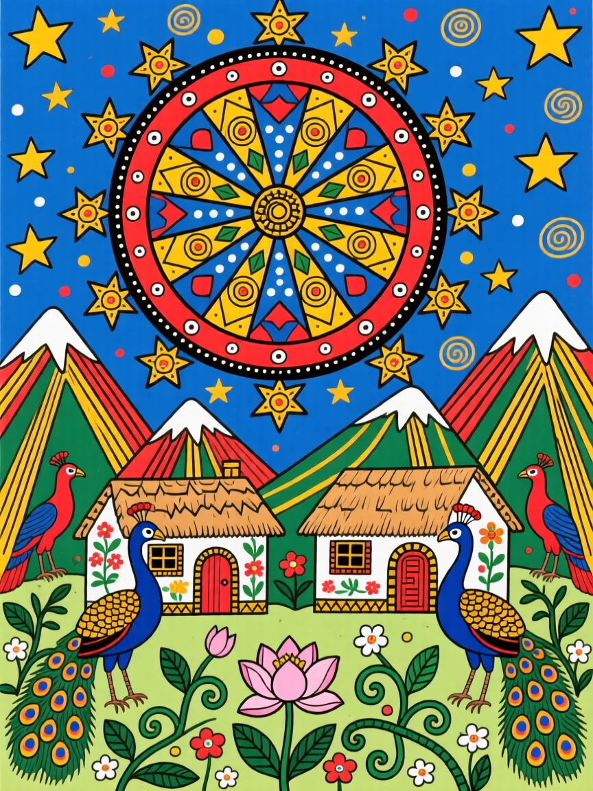 A celestial wheel of stars turning above a quiet mountain village.