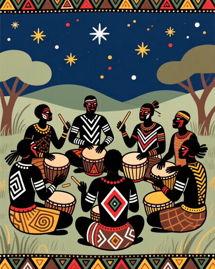 A circle of drummers playing beneath a starlit sky.