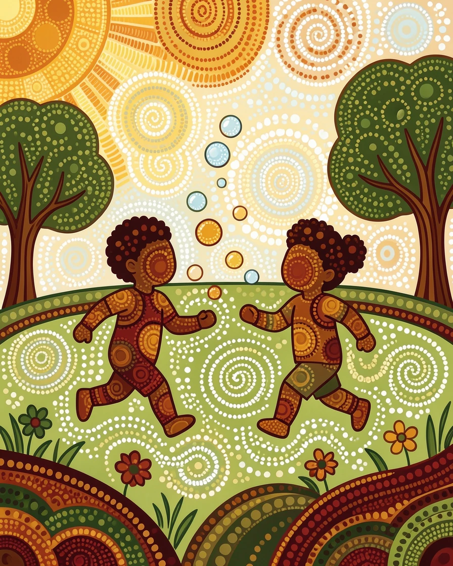 Children chasing bubbles in a sunlit park