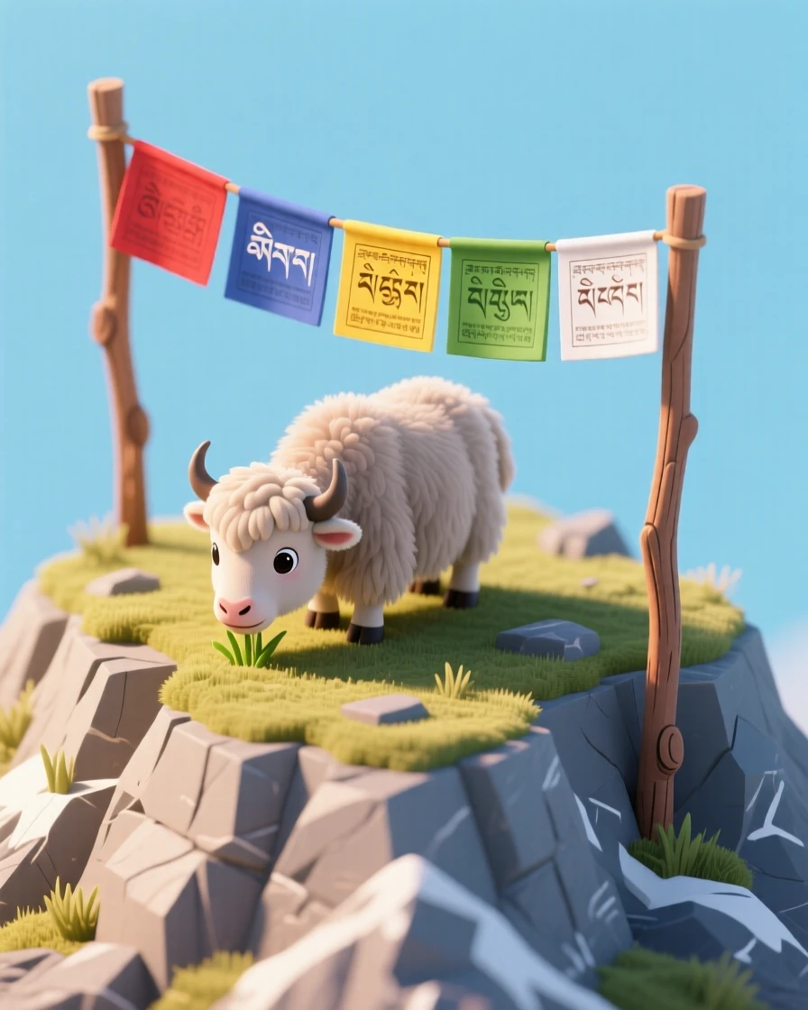 A fluffy baby yak grazing on a high mountain plateau, prayer flags fluttering in the wind behind it.