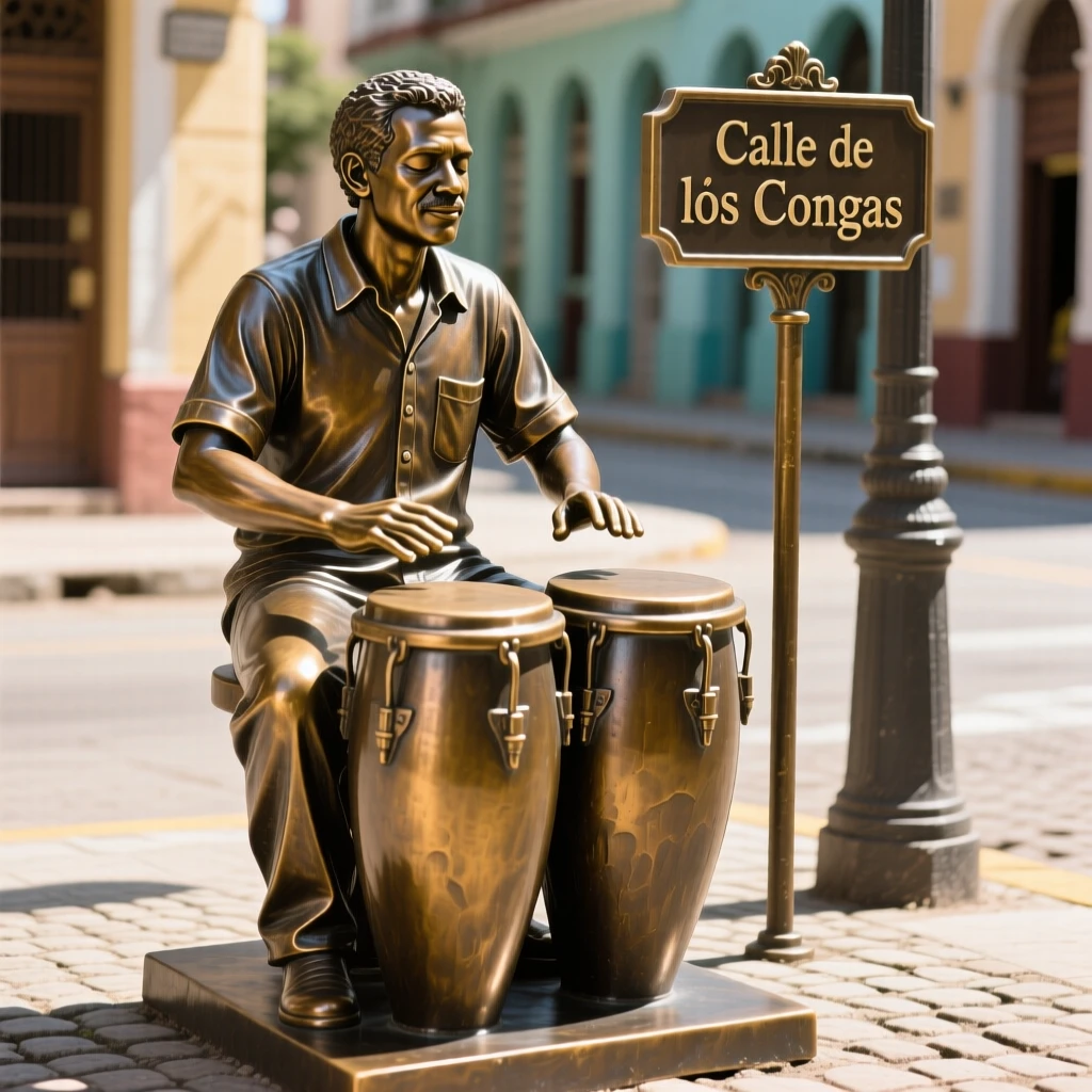 A cuban musician playing congas on a sunlit street corner, with eyes closed in peaceful serenity, forming a strong central focal point