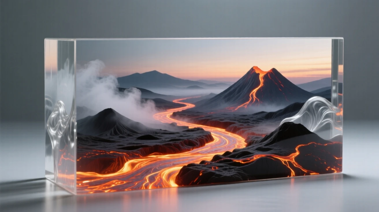 A volcanic landscape with glowing lava rivers at dusk at the quiet hush of early morning, gentle mist rising, composition inviting stillness and reflection.