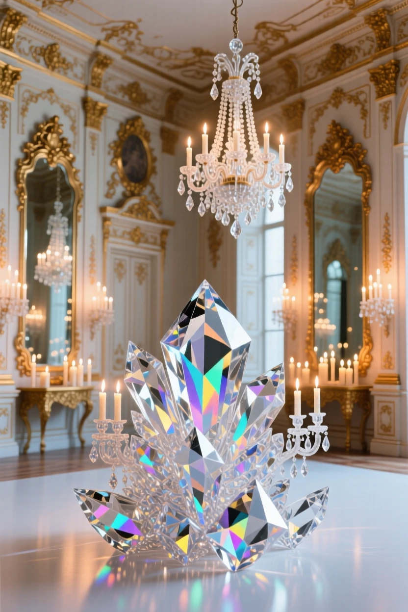 The interior of an ornate Baroque palace hall filled with mirrors and candlelight.