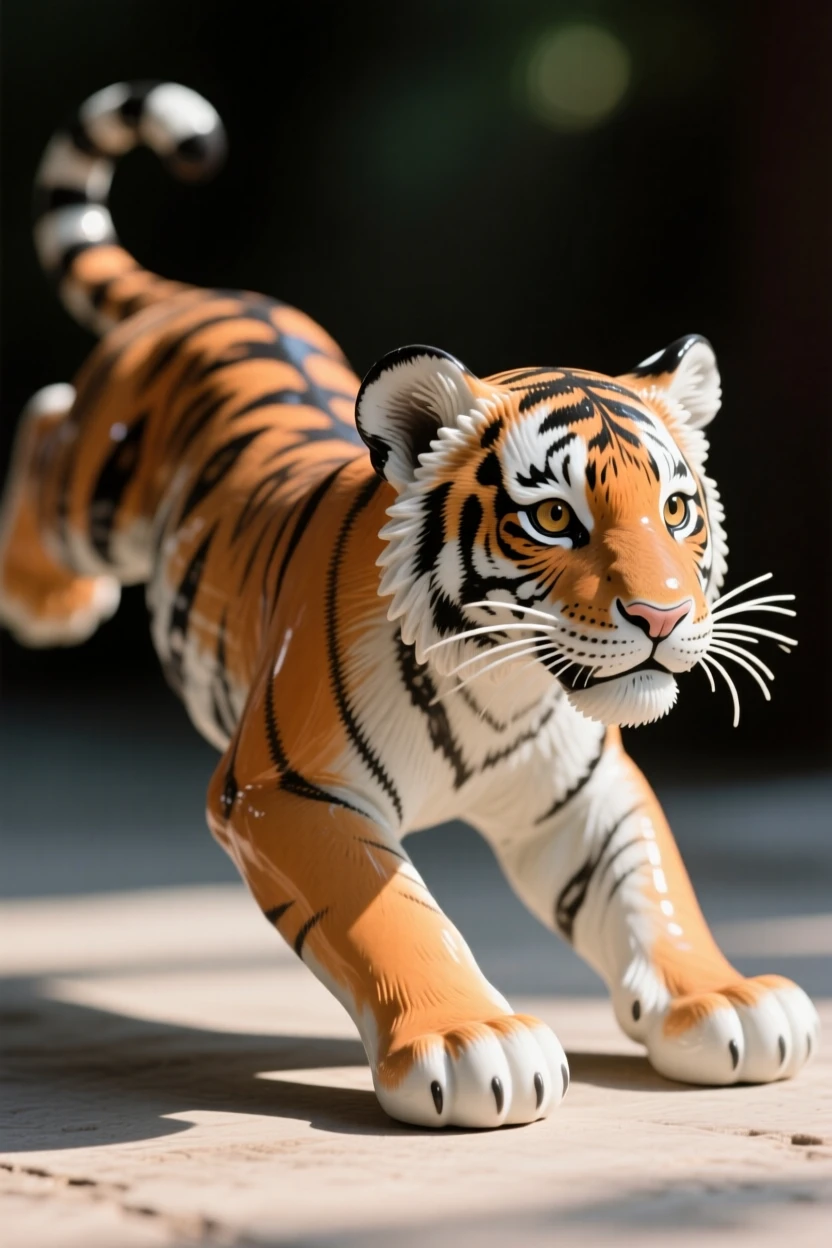 A tiger cub pouncing stretched out in warm afternoon light, with delicate whiskers catching the light, filling the scene with playful, heartwarming charm.