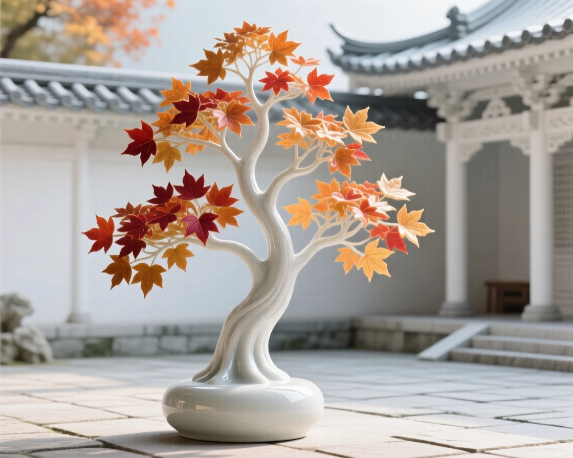A towering maple tree glowing with autumn color in a tranquil temple courtyard.