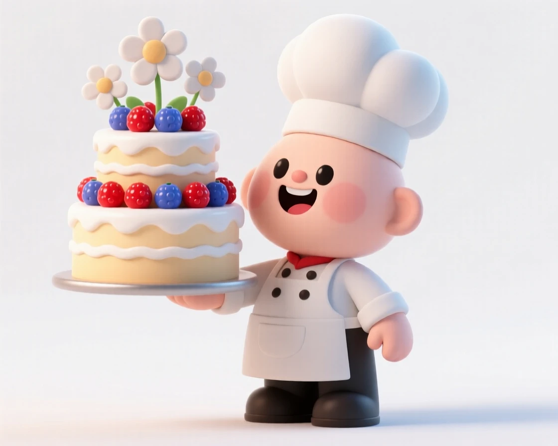 A proud chef presents a towering three-tiered cake decorated with fresh berries and delicate sugar flowers.