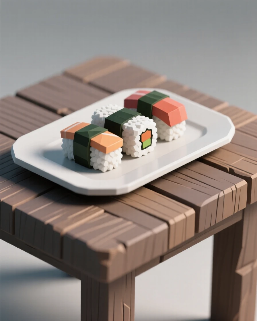 A colorful platter of sushi rolls, on a rustic wooden table. soft natural light highlights rich textures and colors. The setting feels indulgent and delicious.