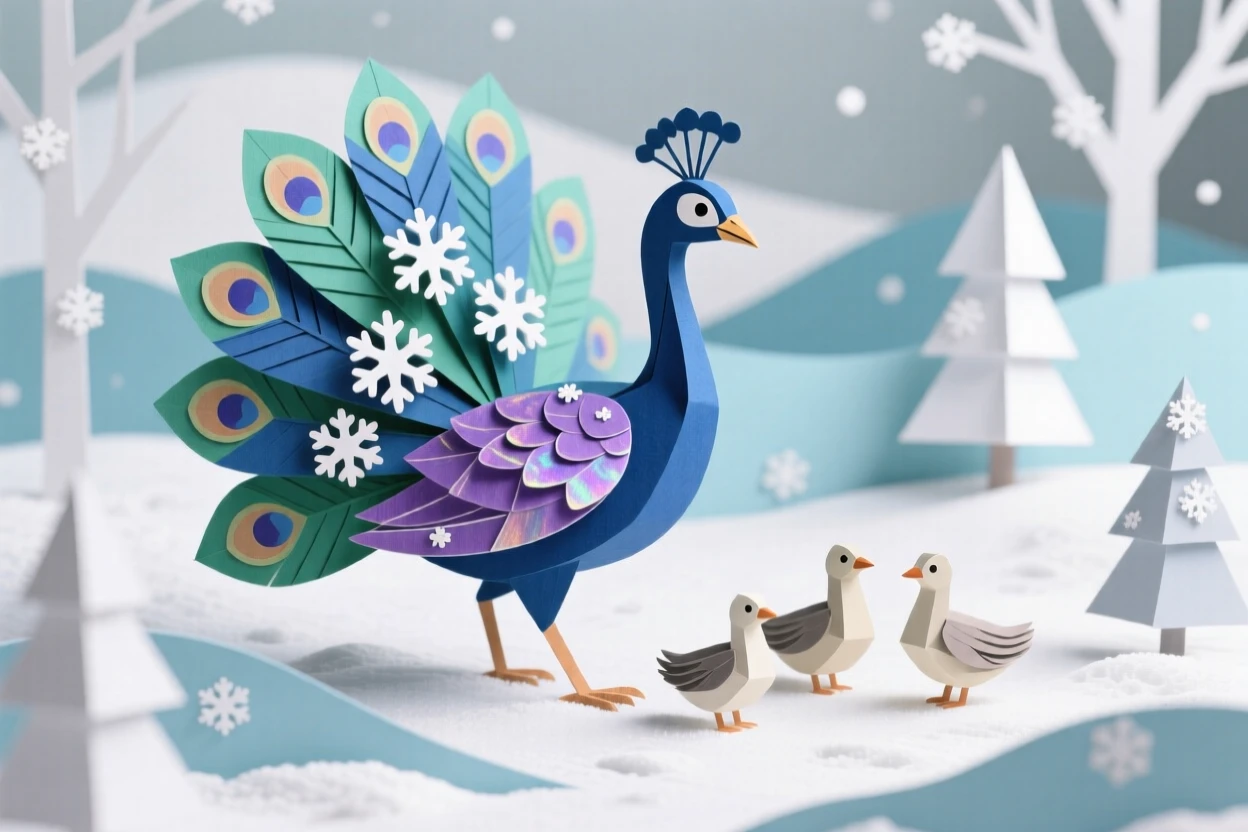 A regal peacock wandering through a snowy landscape, with fresh snowflakes settling on its coat, evoking tenderness and family bonds.