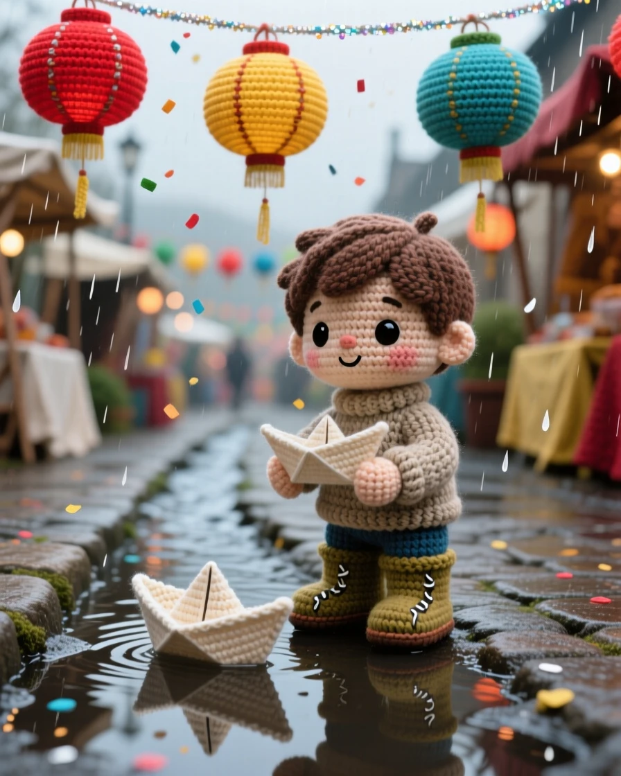 a small boy with a paper boat, at a rainy day puddle, sailing a paper boat down a small stream, set in a festival street strung with colorful paper lanterns, with a trail of glittering confetti, full of quiet, comforting seasonal tradition.