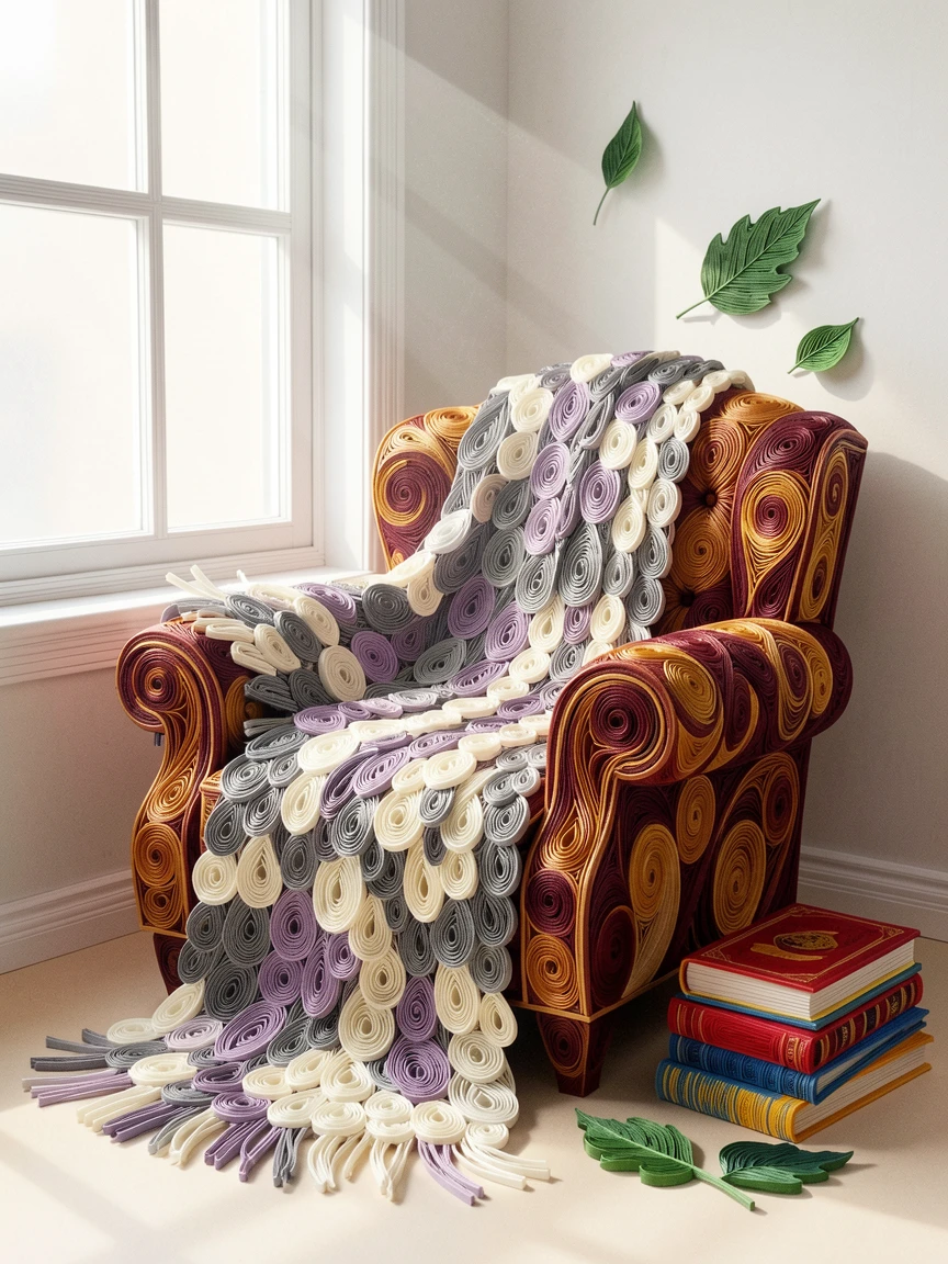 A relaxed modern lifestyle scene of a cozy reading corner with a plush armchair and blanket in a sunlit studio apartment, with a light breeze catching loose fabric or leaves, arranged with cozy layered textures throughout.