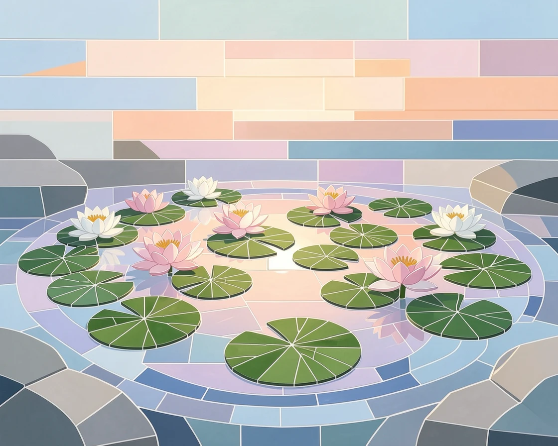 A quiet lily pond glowing softly under early morning light.