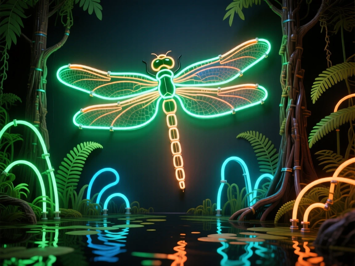 A giant dragonfly hovering over a Carboniferous swamp.