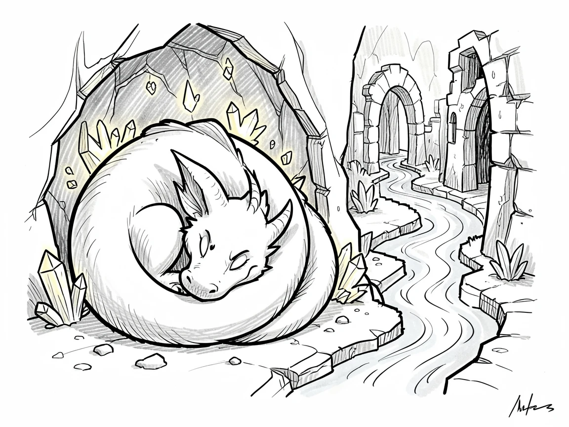 A dragon curled asleep in a cave lit by glowing crystals beside a river winding through ruins.
