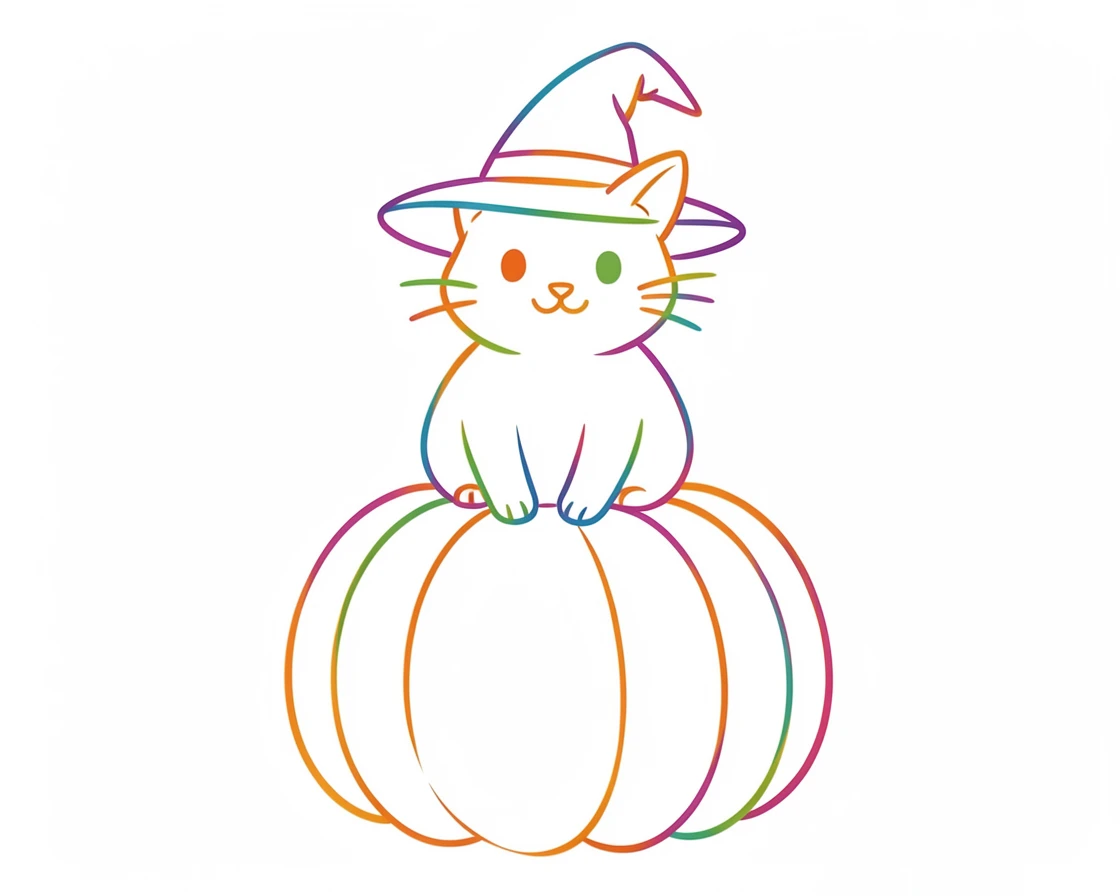 A round-bodied cat character wearing a witch hat sitting on a pumpkin.