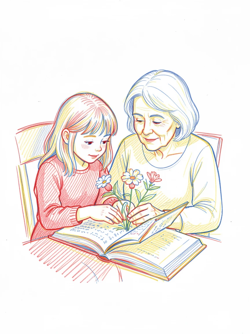 A little girl and her grandmother pressing flowers between book pages