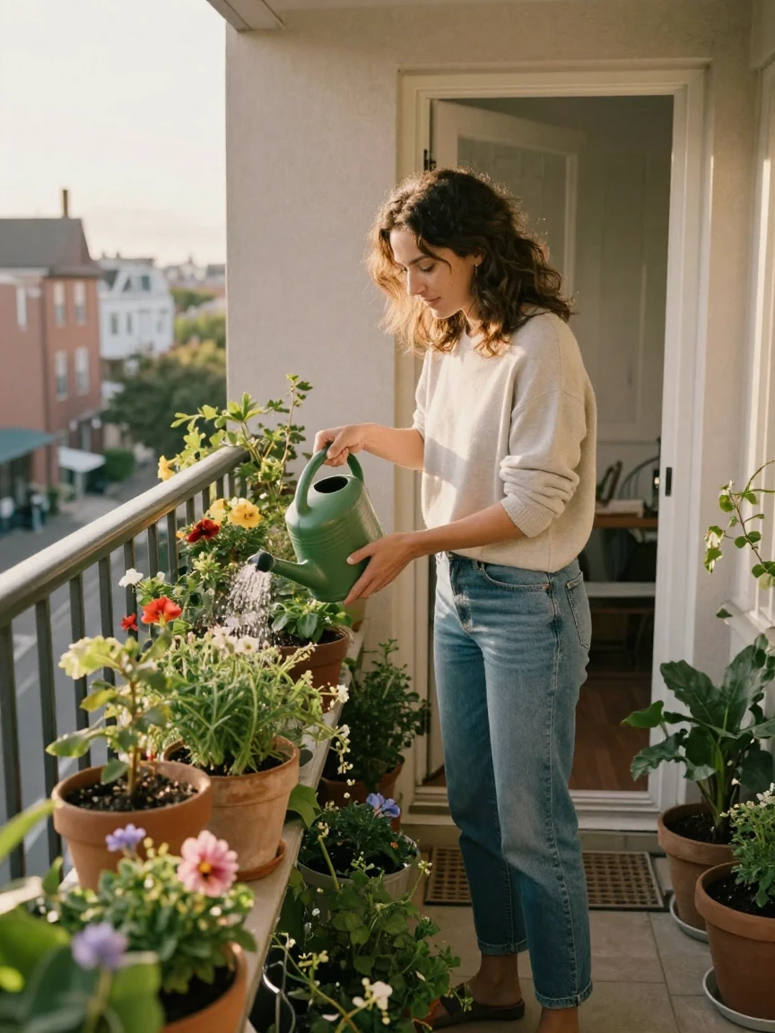A woman waters her balcony garden before heading out the door to work.