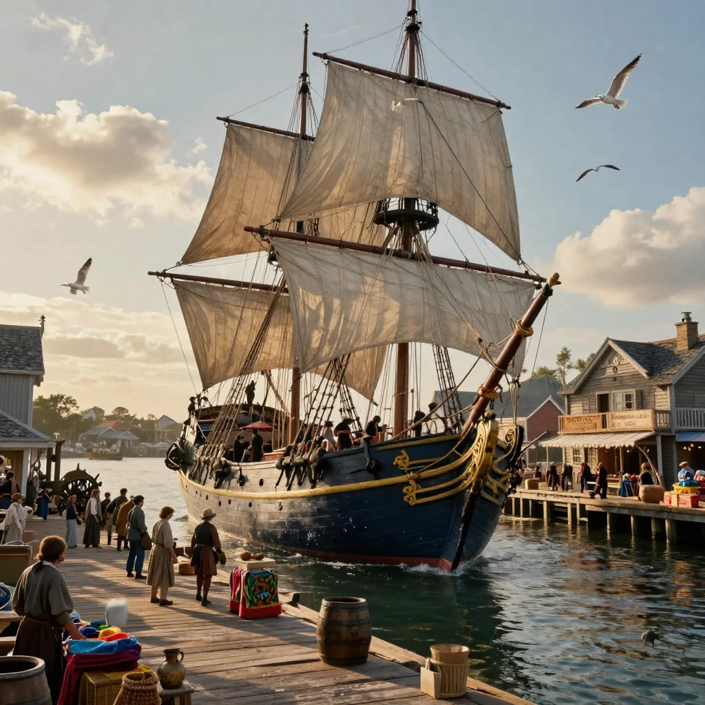 An old world sailing ship arriving at a bustling colonial harbor
