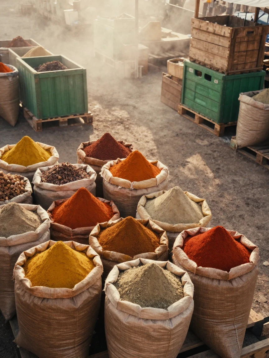 A spice market with sacks of vivid colored powders, under soft golden-hour light, in thick rolling fog, during the long days of summer, with deep emerald greens and browns, shot from directly overhead.