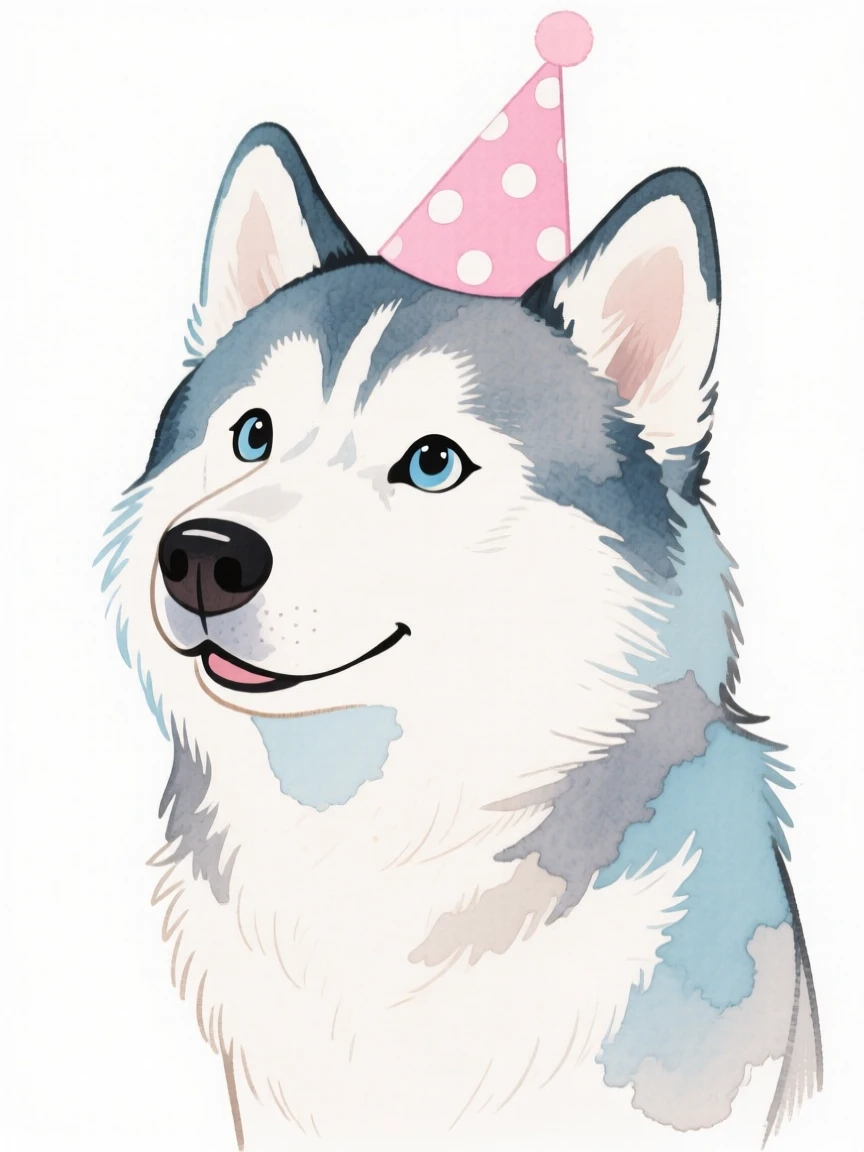 A majestic husky wearing a tiny party hat