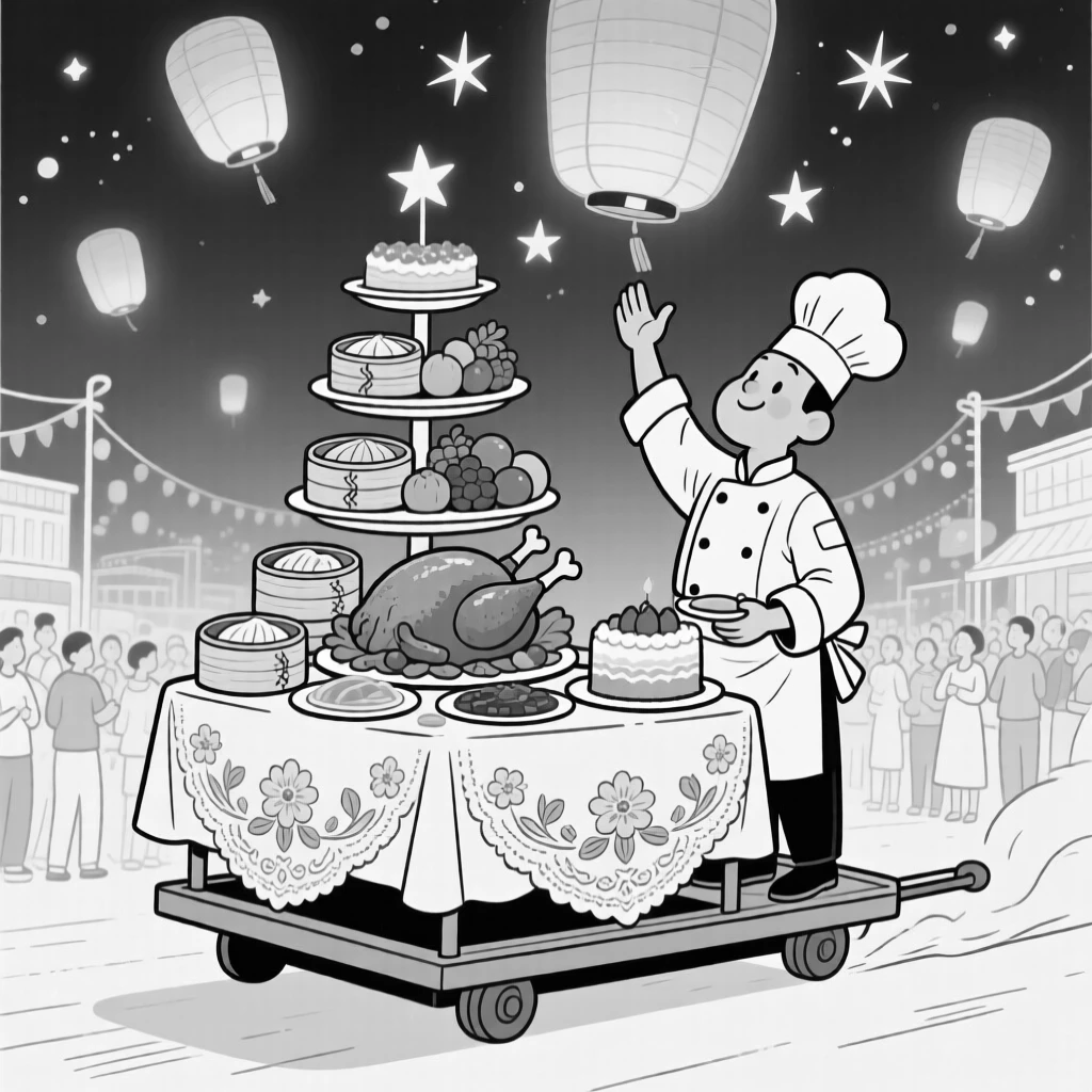 A chef presenting a towering traditional feast, watching the lanterns drift upward like glowing stars, set on a float rolling through a bustling parade. A embroidered tablecloth peeks out beneath the feast. There's a deep sense of belonging and festivity in the air.