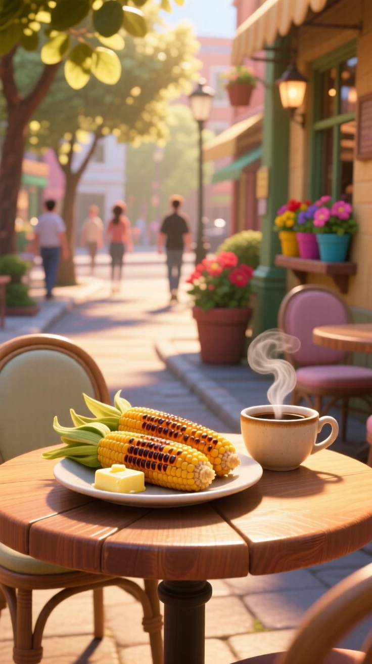 A plate of grilled corn on the cob with butter sits at a sunny outdoor cafe table, next to a steaming cup of coffee. The setting feels relaxed and satisfying.