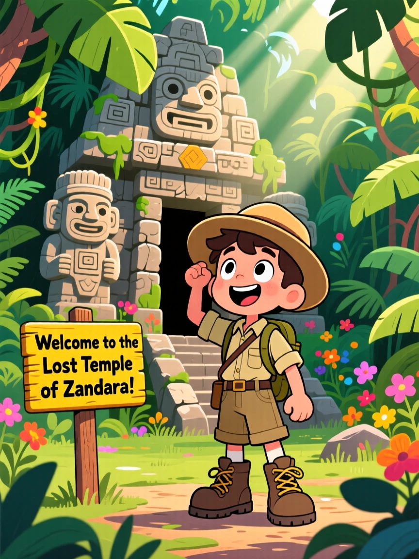 A boy imagining himself as an explorer discovering a lost jungle temple.