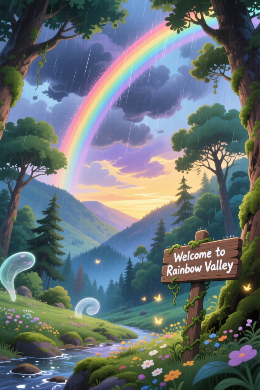 A stunning view of a rainbow stretching across a valley after a storm, captured from a dramatic low angle.