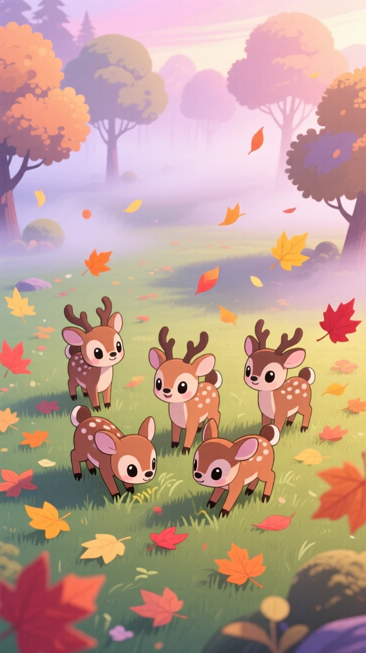 A group of deer grazing peacefully in morning mist in a foggy woodland clearing with autumn leaves swirling around; soft pastel light of dawn washes over the scene as curious excitement fills the moment. Bird's-eye view.