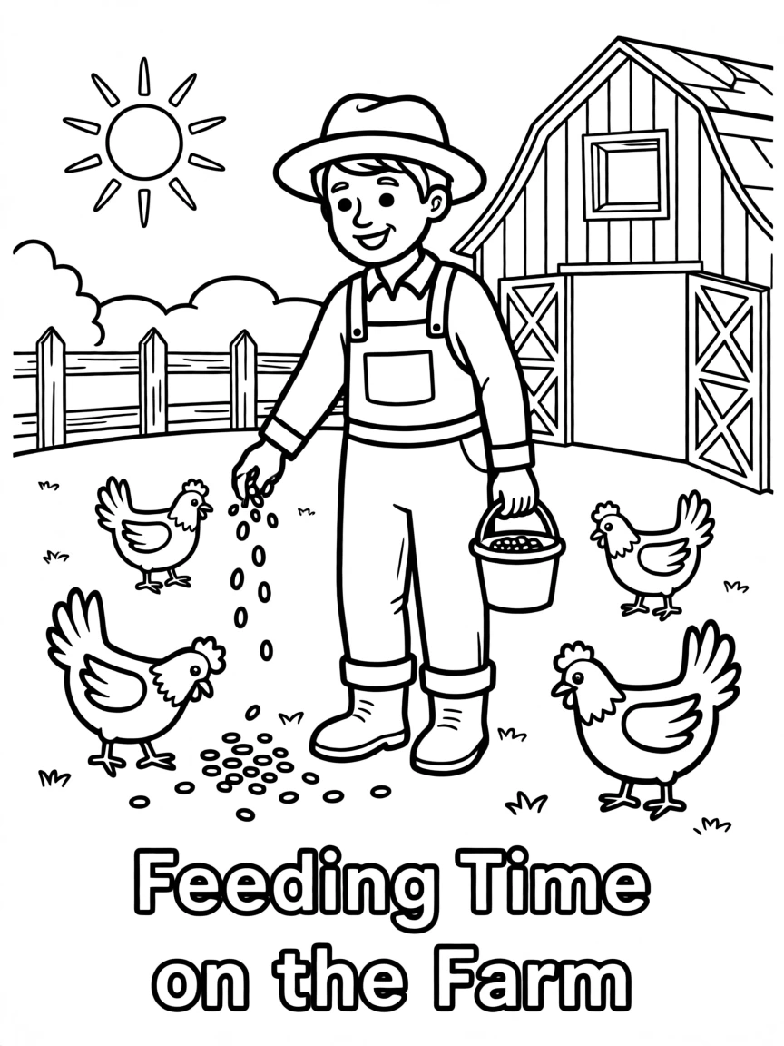 A farmer feeding chickens in a sunny barnyard