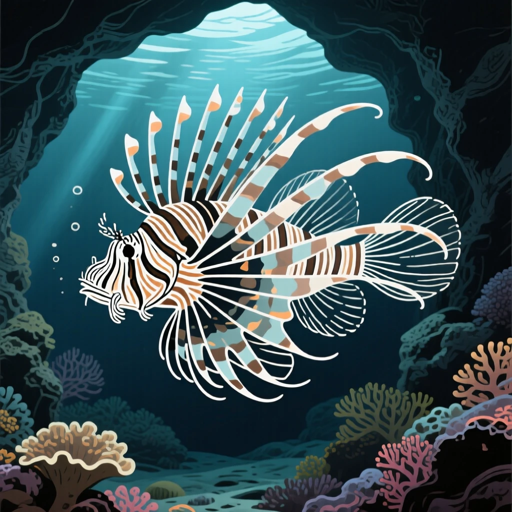 A lionfish drifting elegantly through a dimly lit coral cave.