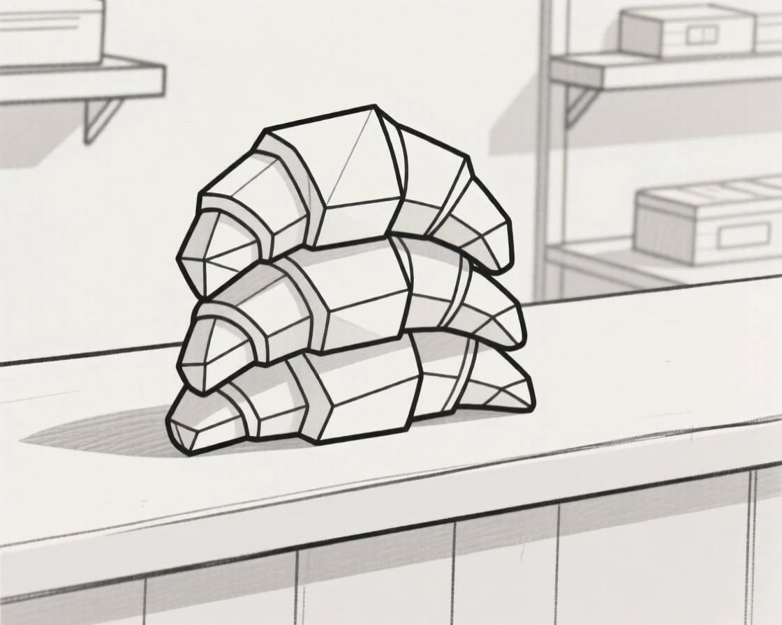 A stack of fresh croissants on a bakery counter