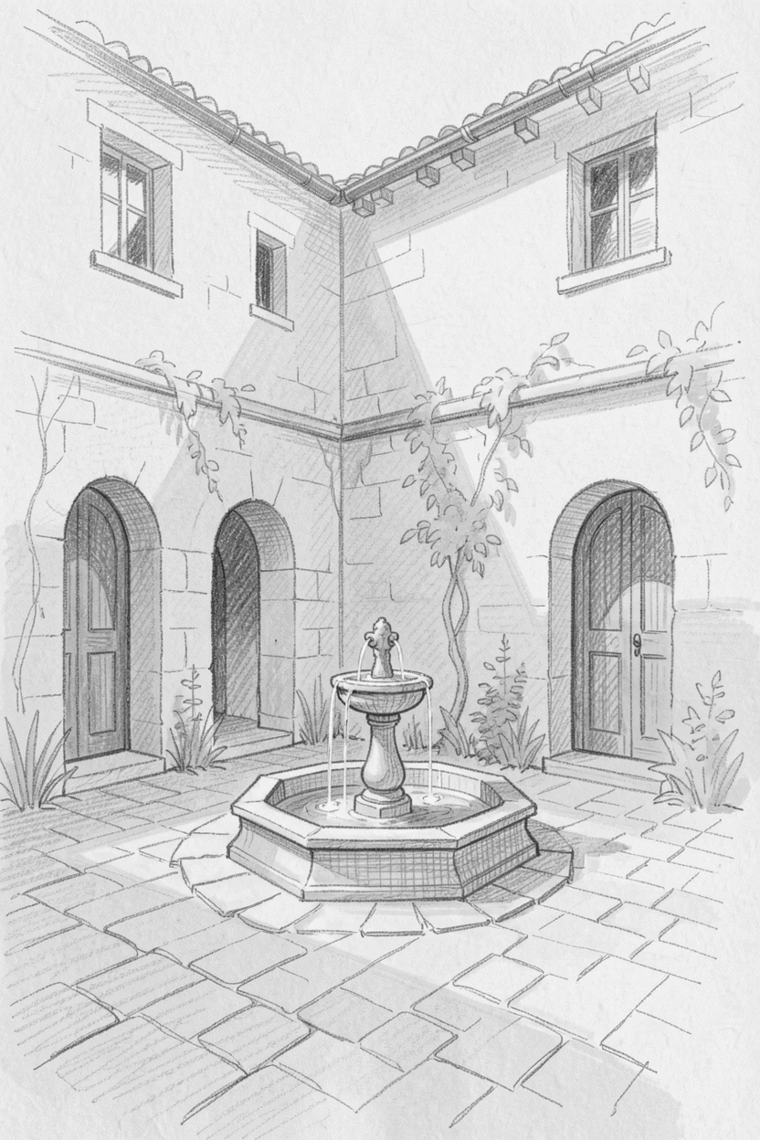 A quiet monastery courtyard bathed in warm afternoon light, with a quiet fountain at its center.