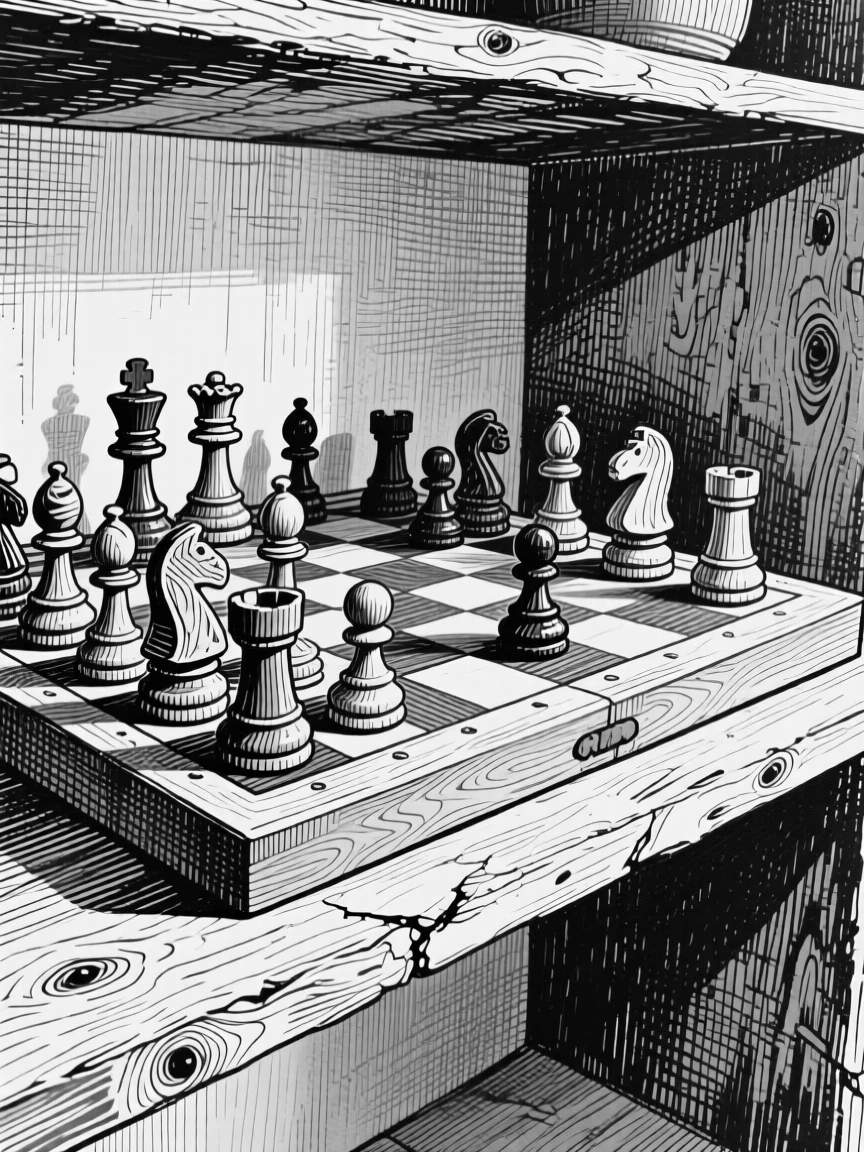 A wooden chess set mid-game displayed on an open shelf, with the texture of aged wood grain visible beneath it, forming a calm and homely still-life study.