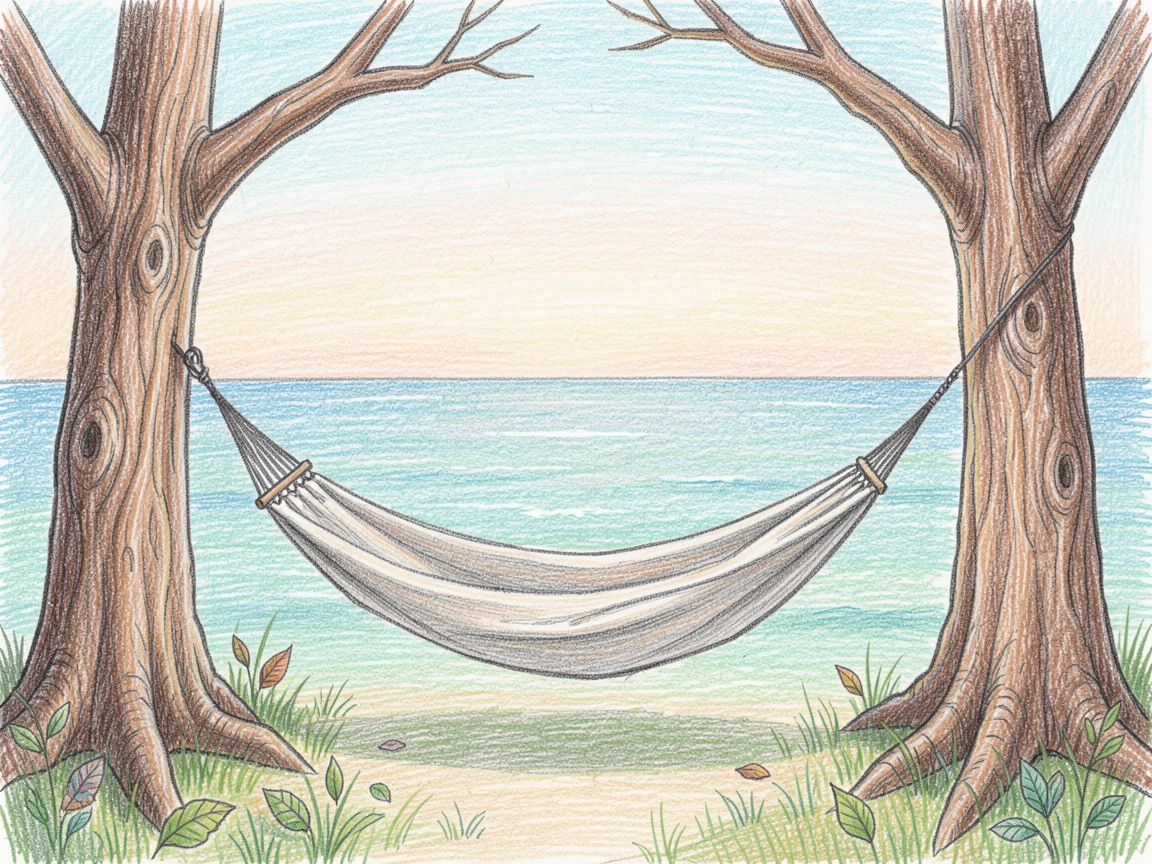 A hammock strung between two trees overlooking the ocean, framed to draw the eye toward quiet, open space, perfect for a calming, meditative atmosphere.