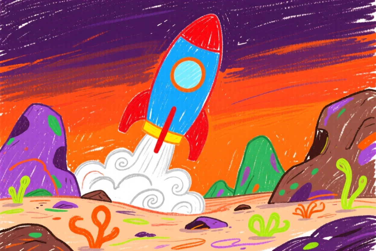 A rocket ship rising slowly over a rocky alien landscape.