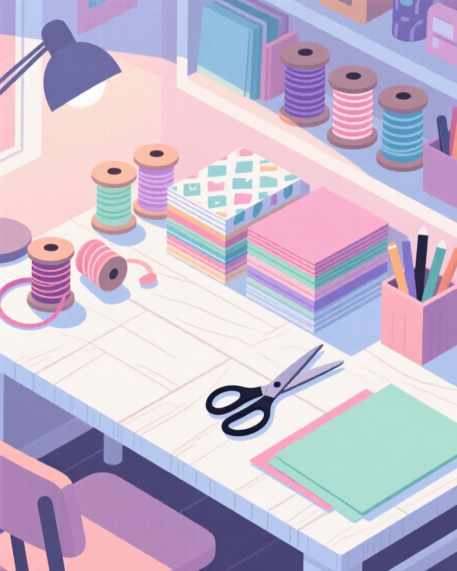 A tidy craft room with organized ribbons, paper, and scissors, arranged in a softly lit evening setting, arranged in a neatly styled flat lay composition, with gentle pastel tones evoking calm and comfort.