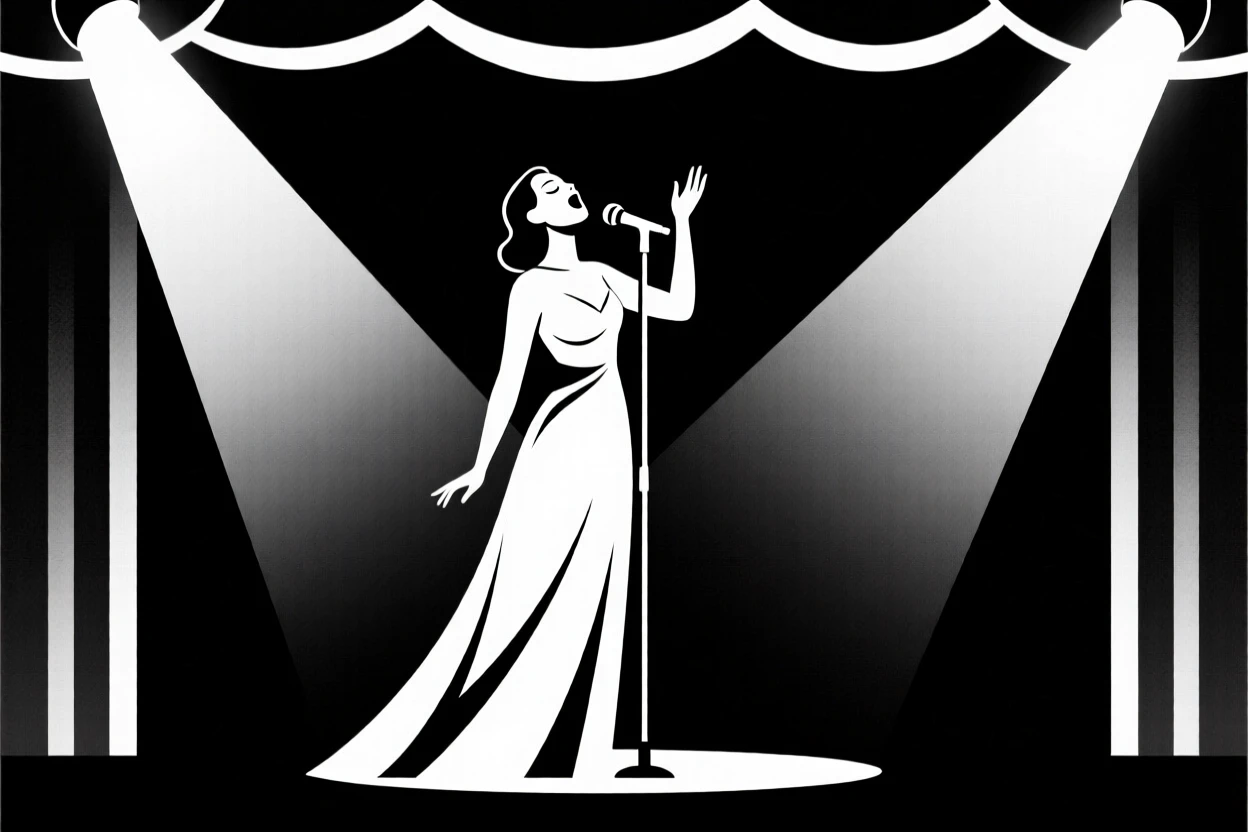 An opera singer performing under dramatic stage lighting.