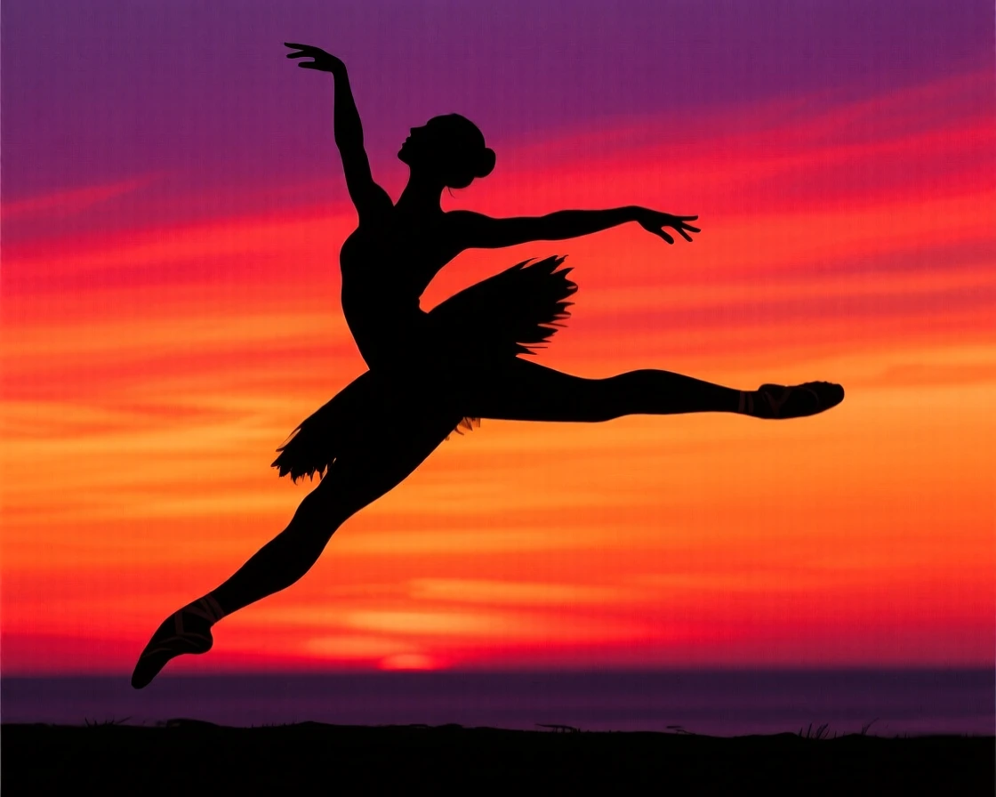 A ballet dancer captured mid-leap, limbs fully extended.