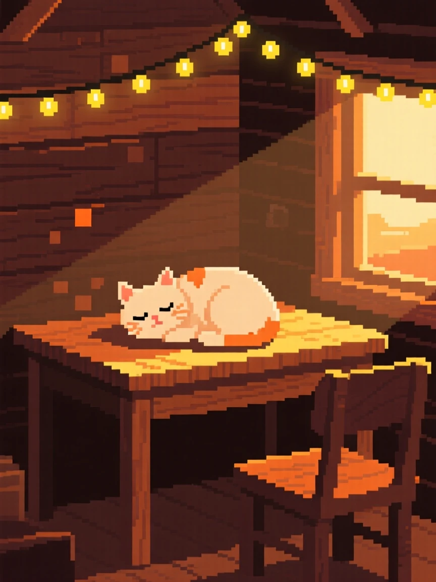 A study desk holding a sleeping cat curled in sunlight, within a cabin lit by string lights at dusk.