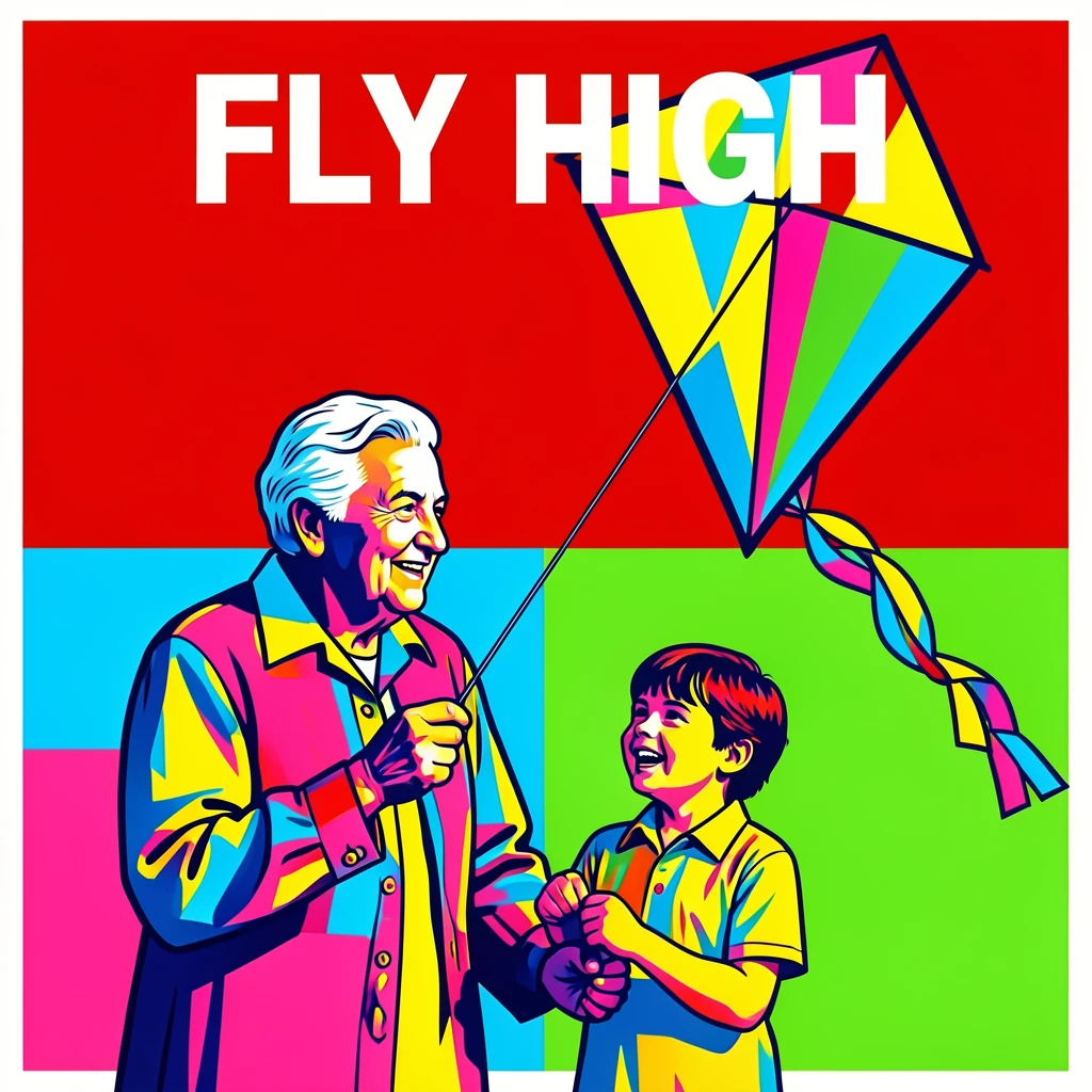 Grandparent and grandchild flying a kite together